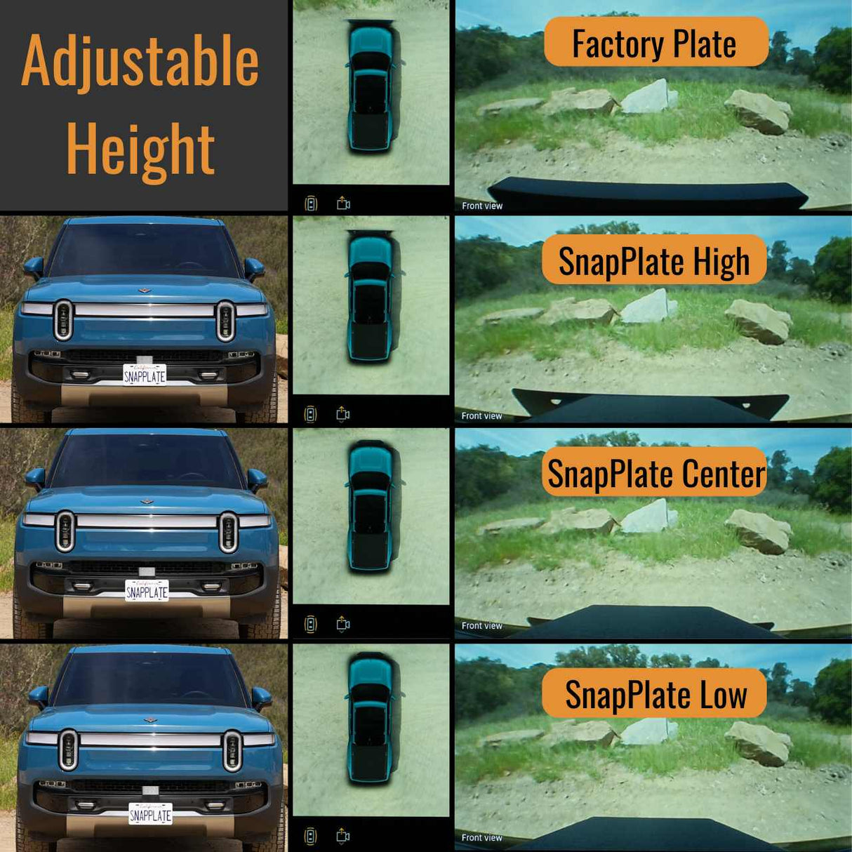 Four images show how front license plate mounting heights affect camera views on the Rivian, comparing Factory Plate and EveryAmp SnapPlate Front License Plate Mount for R1T & R1S in High, Center, and Low positions.