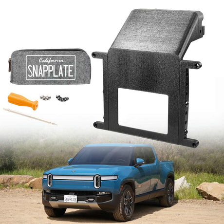 A blue pickup with an EveryAmp SnapPlate Front License Plate Mount for Rivian R1T & R1S is parked outdoors, with a holder, pouch, hardware, screwdriver, and zip tie displayed above it.