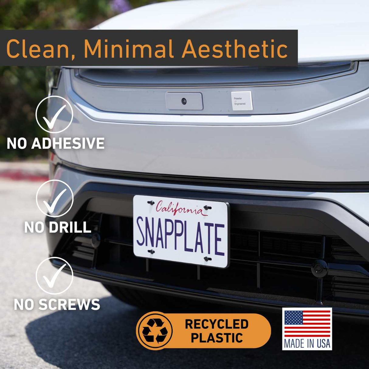 Front view of a Polestar 3 with the EveryAmp SnapPlate front license plate holder—no drill, no adhesive, no screws. Made in the USA from recycled PETG plastic.