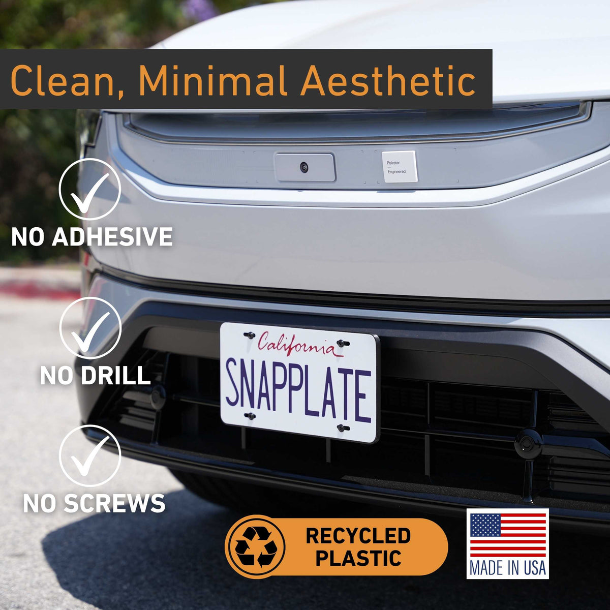 Front view of a Polestar 3 with the EveryAmp SnapPlate front license plate holder—no drill, no adhesive, no screws. Made in the USA from recycled PETG plastic.