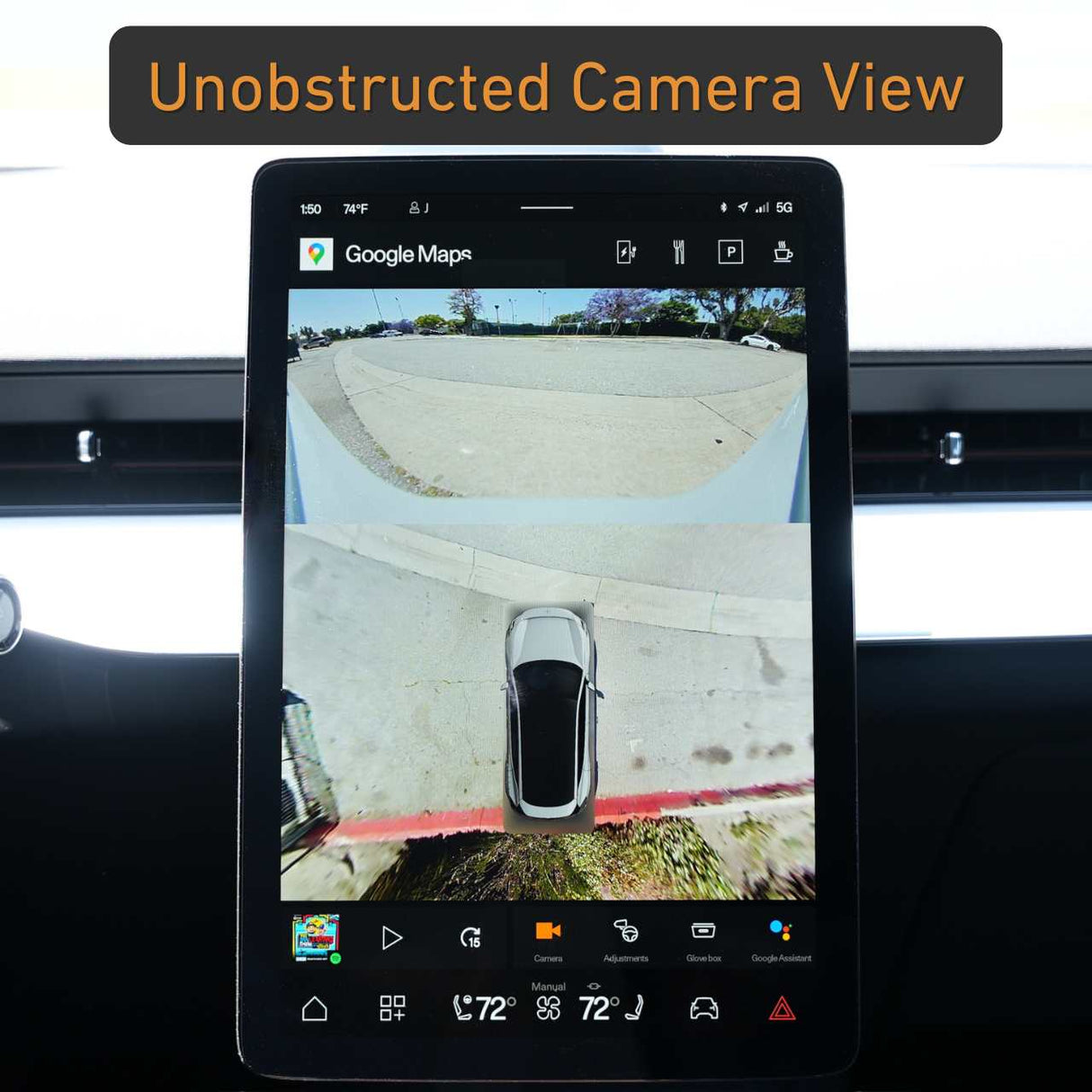 Car dashboard screen shows bird’s-eye and rear camera views of a parking area featuring the EveryAmp Polestar 3 Front License Plate Holder, No Drill, SnapPlate, with Unobstructed Camera View text above the display.