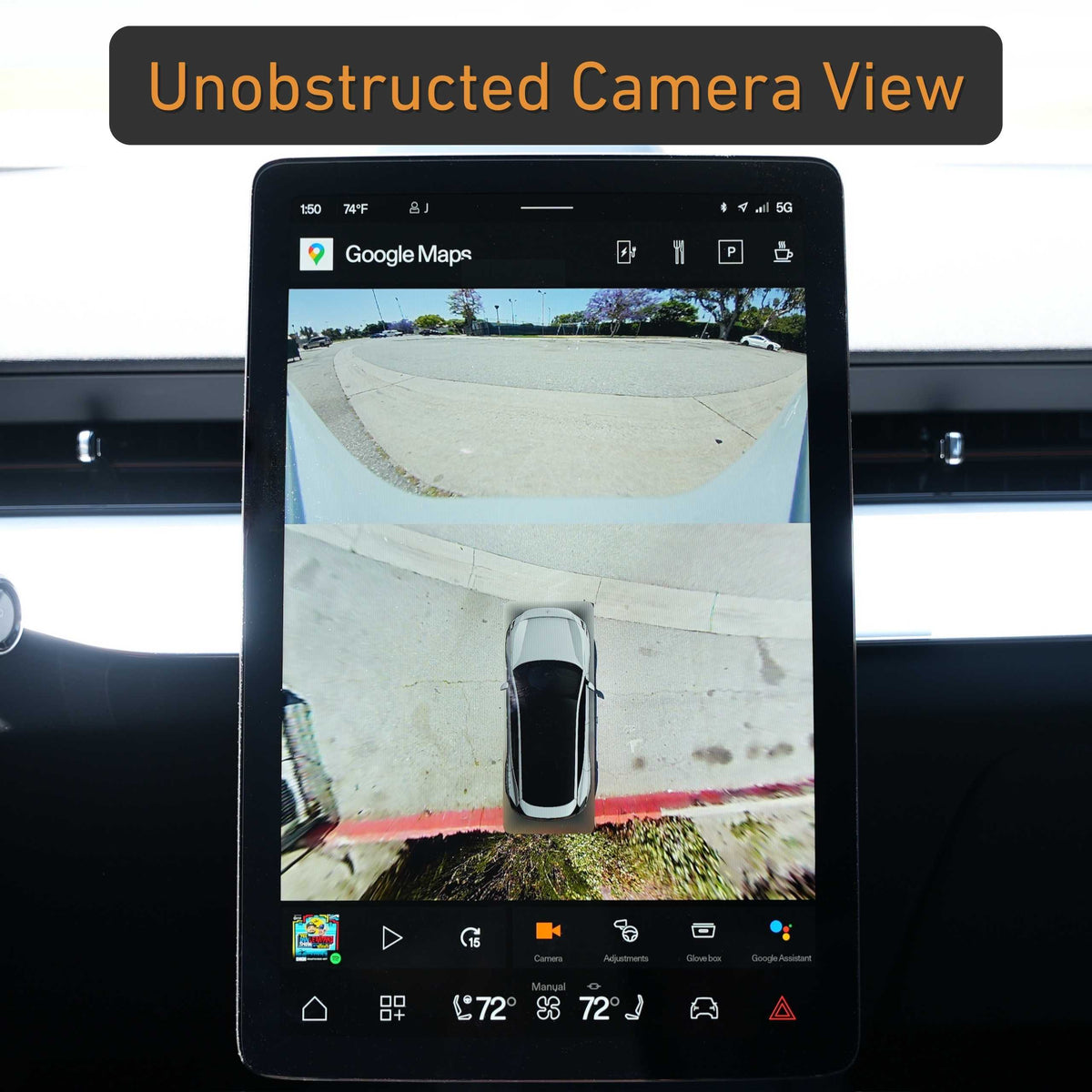 Car dashboard screen shows bird’s-eye and rear camera views of a parking area featuring the EveryAmp Polestar 3 Front License Plate Holder, No Drill, SnapPlate, with Unobstructed Camera View text above the display.