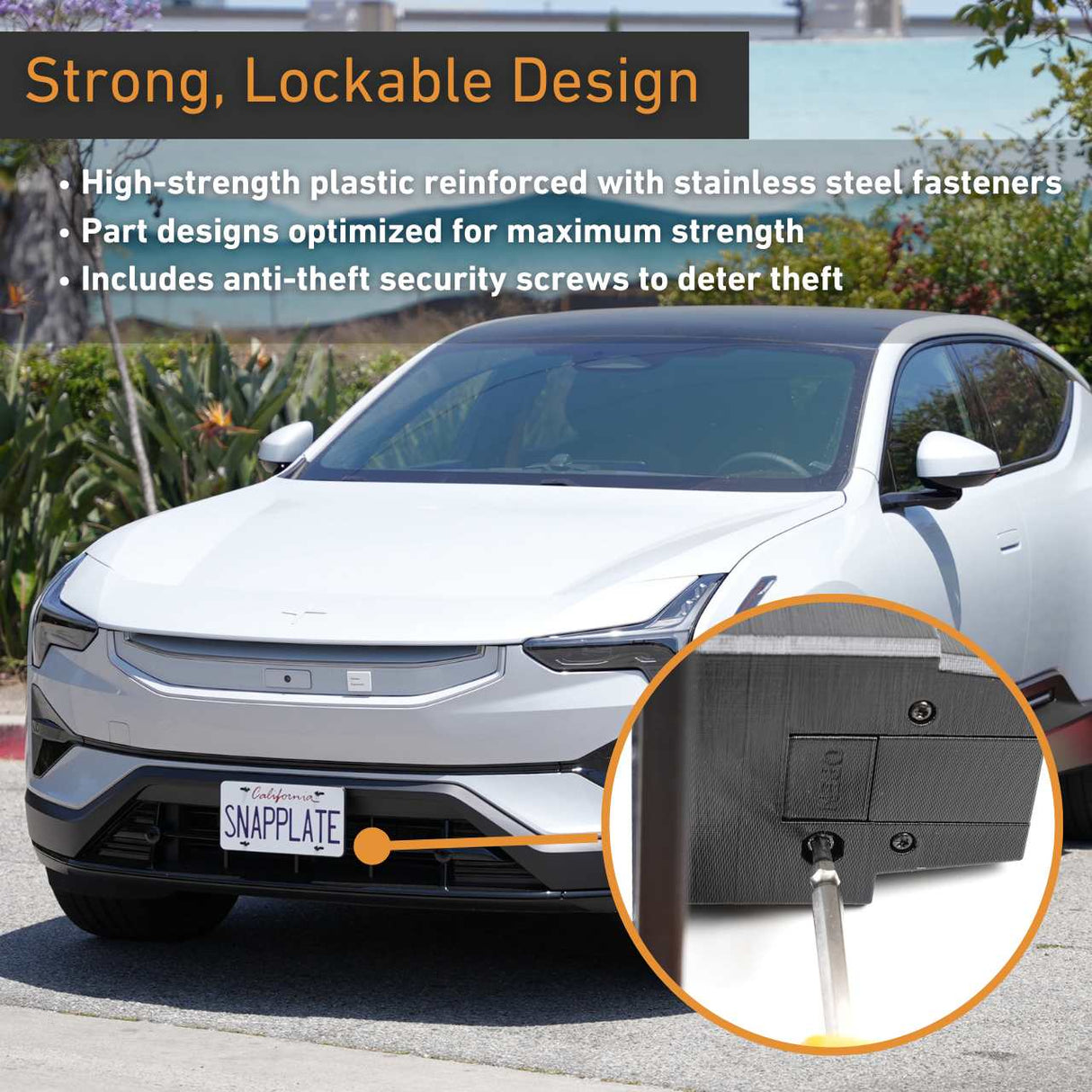 A white Polestar 3 with an EveryAmp SnapPlate No Drill Front License Plate Holder made from recycled PETG plastic is parked outside; an inset shows a close-up of its lockable, anti-theft security screw being tightened.