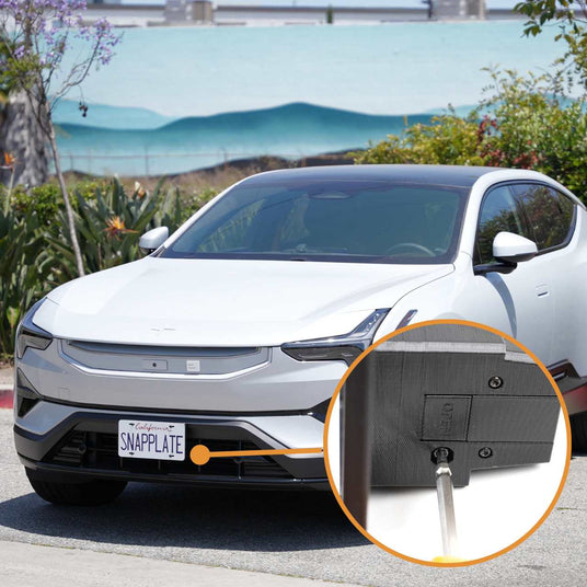A white car with a front license plate reading SNAPPLATE. An inset shows a close-up of the plate mount being attached with a tool.