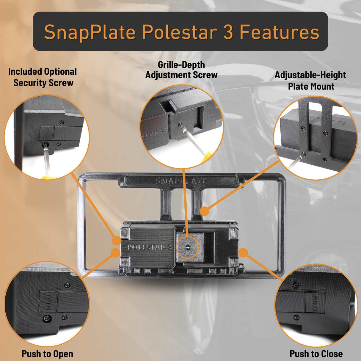 Image of the EveryAmp Polestar 3 Front License Plate Holder (No Drill, SnapPlate), made from recycled PETG plastic, features labeled security screw, grille-depth adjustment screw, adjustable plate mount, and push-to-open/close buttons.