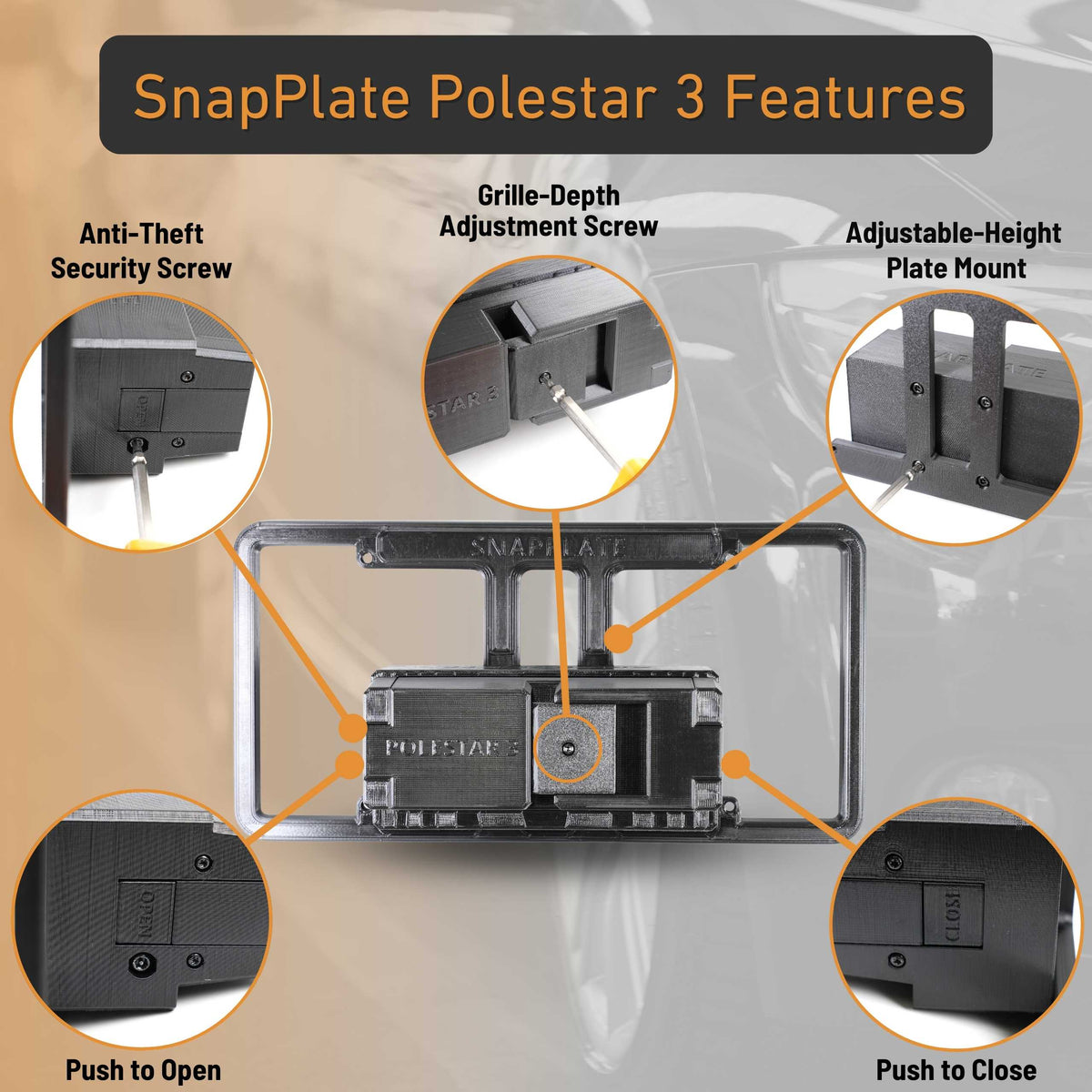 Image of the EveryAmp Polestar 3 Front License Plate Holder (No Drill, SnapPlate), made from recycled PETG plastic, features labeled security screw, grille-depth adjustment screw, adjustable plate mount, and push-to-open/close buttons.