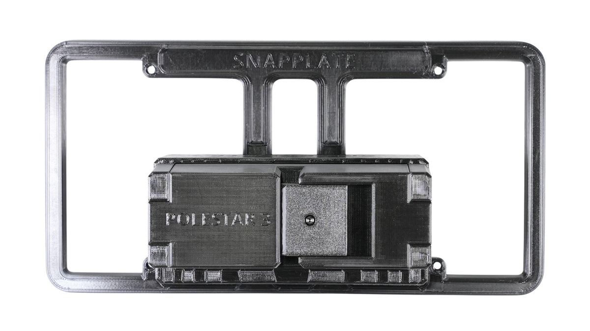 Black SnapPlate detachable license plate holder with mounting bracket, shown against a white background.