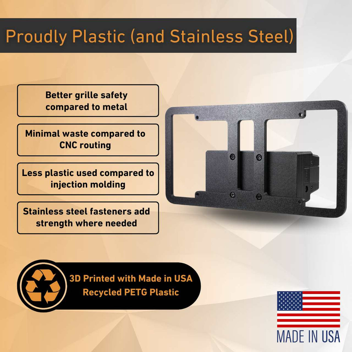 EveryAmp Polestar 3 Front License Plate Holder, No Drill SnapPlate—black recycled PETG plastic and stainless steel, highlights safety, weight, and eco-friendly material. Made in USA with recycling info displayed at the bottom.