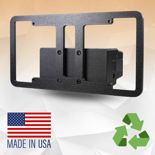 Black rectangular wall mount bracket displayed with a Made in USA label, an American flag, and a green recycling symbol in the foreground.