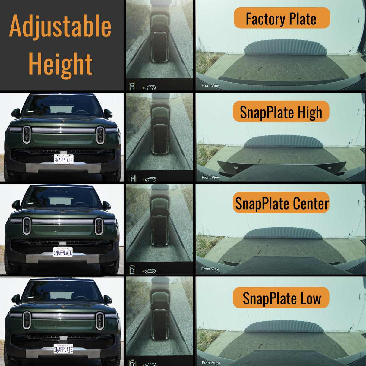 Comparison chart showing a Rivian with four license plate positions (Factory, SnapPlate Front License Plate Mount by EveryAmp: High, Center, Low) and front camera views, illustrating the mounts adjustable height for R1T & R1S.