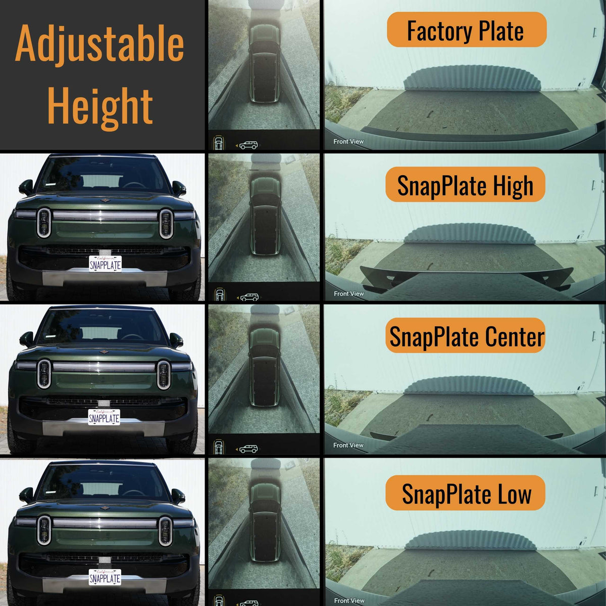 Comparison chart showing a Rivian with four license plate positions (Factory, SnapPlate Front License Plate Mount by EveryAmp: High, Center, Low) and front camera views, illustrating the mounts adjustable height for R1T & R1S.