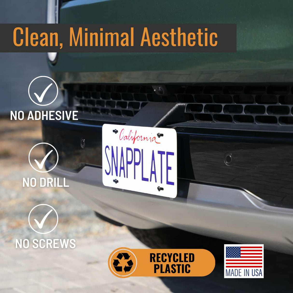 The EveryAmp SnapPlate Front License Plate Mount for Rivian R1T & R1S installs with no adhesive, drilling, or screws. Made from recycled plastic and proudly made in the USA.