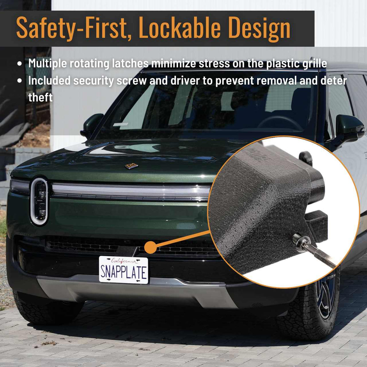 Front view of a green Rivian R1S displays the EveryAmp SnapPlate Front License Plate Mount, with an inset close-up of its security screw; safety features for R1T & R1S are highlighted in text.