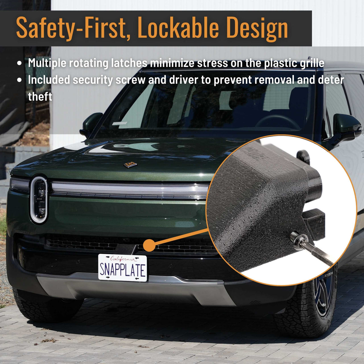 Front view of a green Rivian R1S displays the EveryAmp SnapPlate Front License Plate Mount, with an inset close-up of its security screw; safety features for R1T & R1S are highlighted in text.