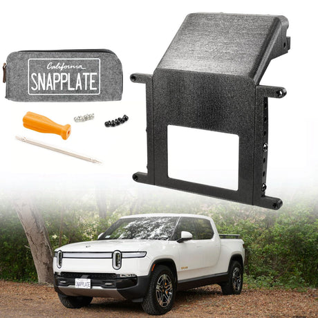 An EveryAmp SnapPlate Front License Plate Mount for Rivian R1T & R1S kit—with cover, screws, screwdriver, and frame—is shown above a white Rivian R1T parked outdoors, featuring the mount installed on the front.