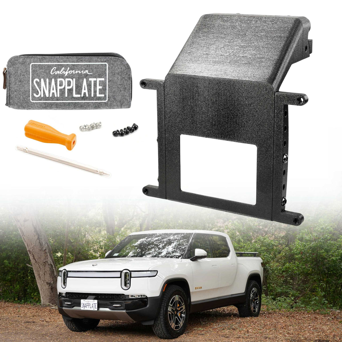 An EveryAmp SnapPlate Front License Plate Mount for Rivian R1T & R1S kit—with cover, screws, screwdriver, and frame—is shown above a white Rivian R1T parked outdoors, featuring the mount installed on the front.