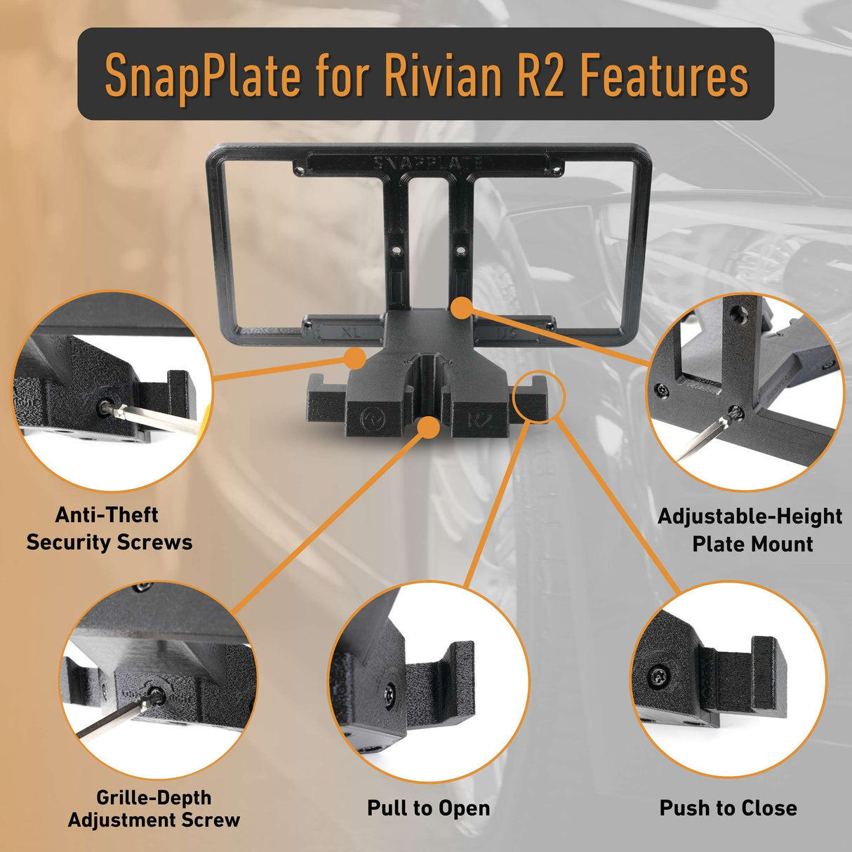 The EveryAmp SnapPlate Front License Plate Mount for Rivian R2 features anti-theft security screws, a grille-depth adjustment screw, pull-to-open and push-to-close design, plus an adjustable-height mount.