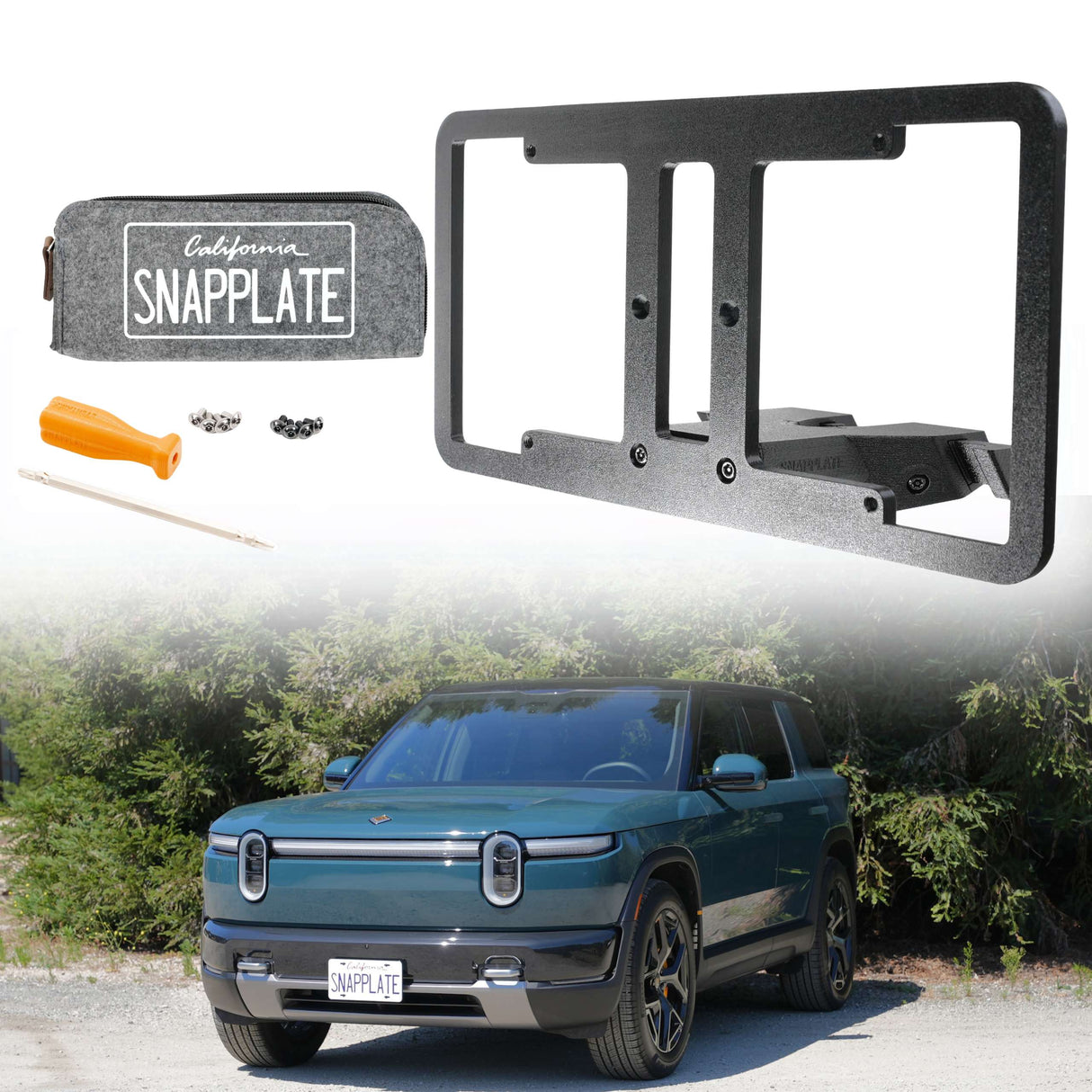 EveryAmp SnapPlate Front License Plate Mount for Rivian R2, made from 3D printed PETG, shown installed on a green Rivian SUV parked outdoors with included tools and pouch.