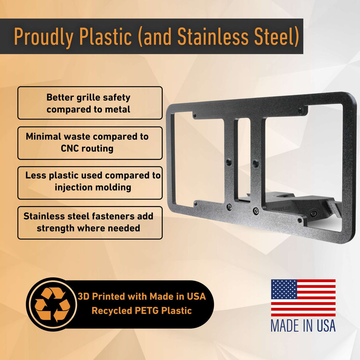 The EveryAmp SnapPlate Front License Plate Mount for Rivian R2 offers grille safety, uses less plastic, features stainless steel fasteners, and is proudly made in the USA from recycled PETG for a sustainable solution.