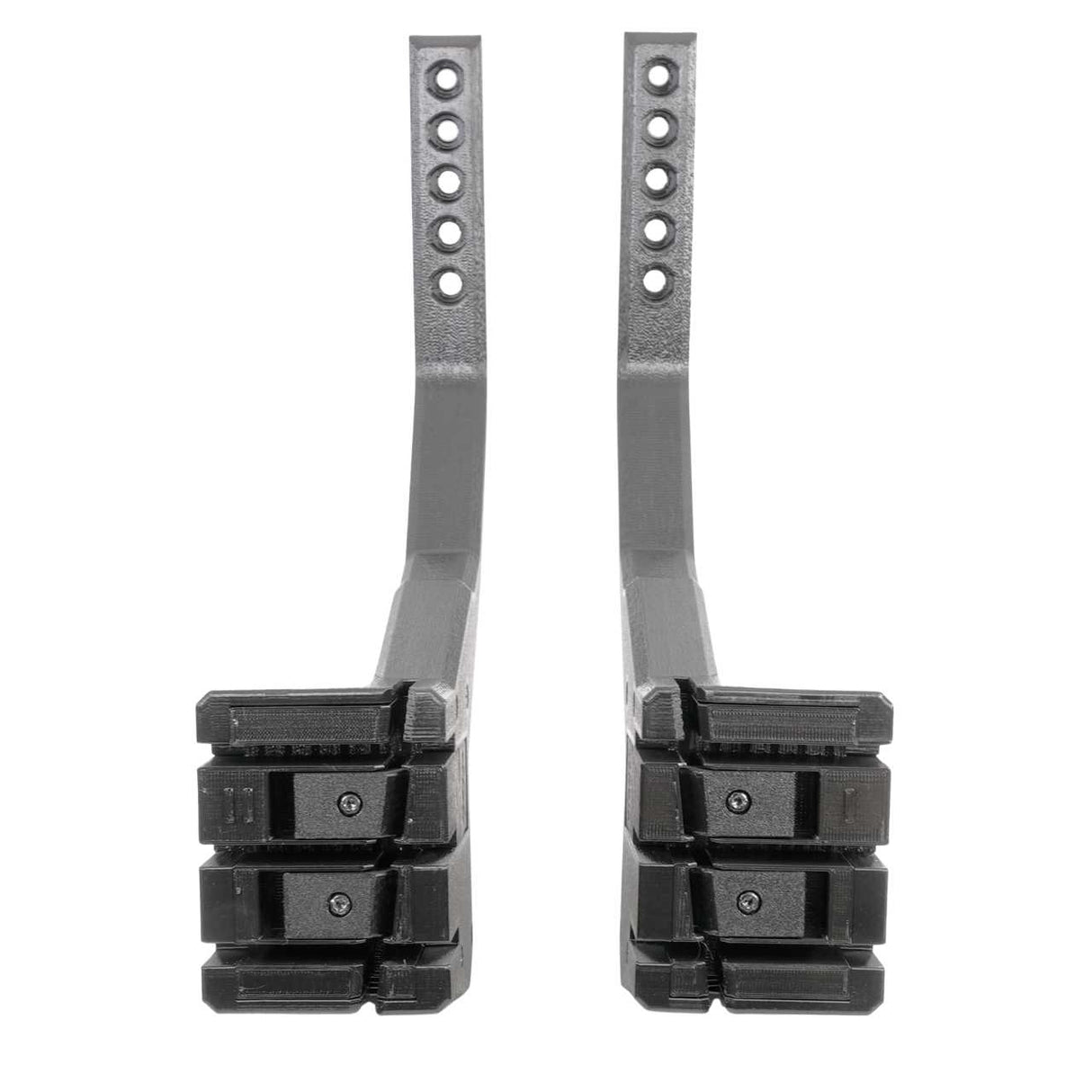 Two black metal adjustable brackets with square padded ends, made by EveryAmp for the SnapPlate+ Base - Tesla Model X (2026+), shown against a white background.