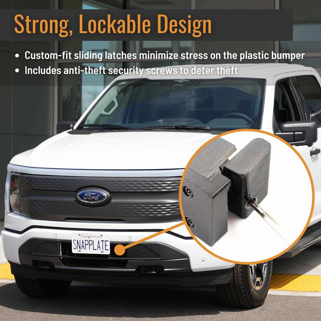 SnapPlate for Ford F-150 Lightning EV has a strong, lockable design with anti-theft security screws