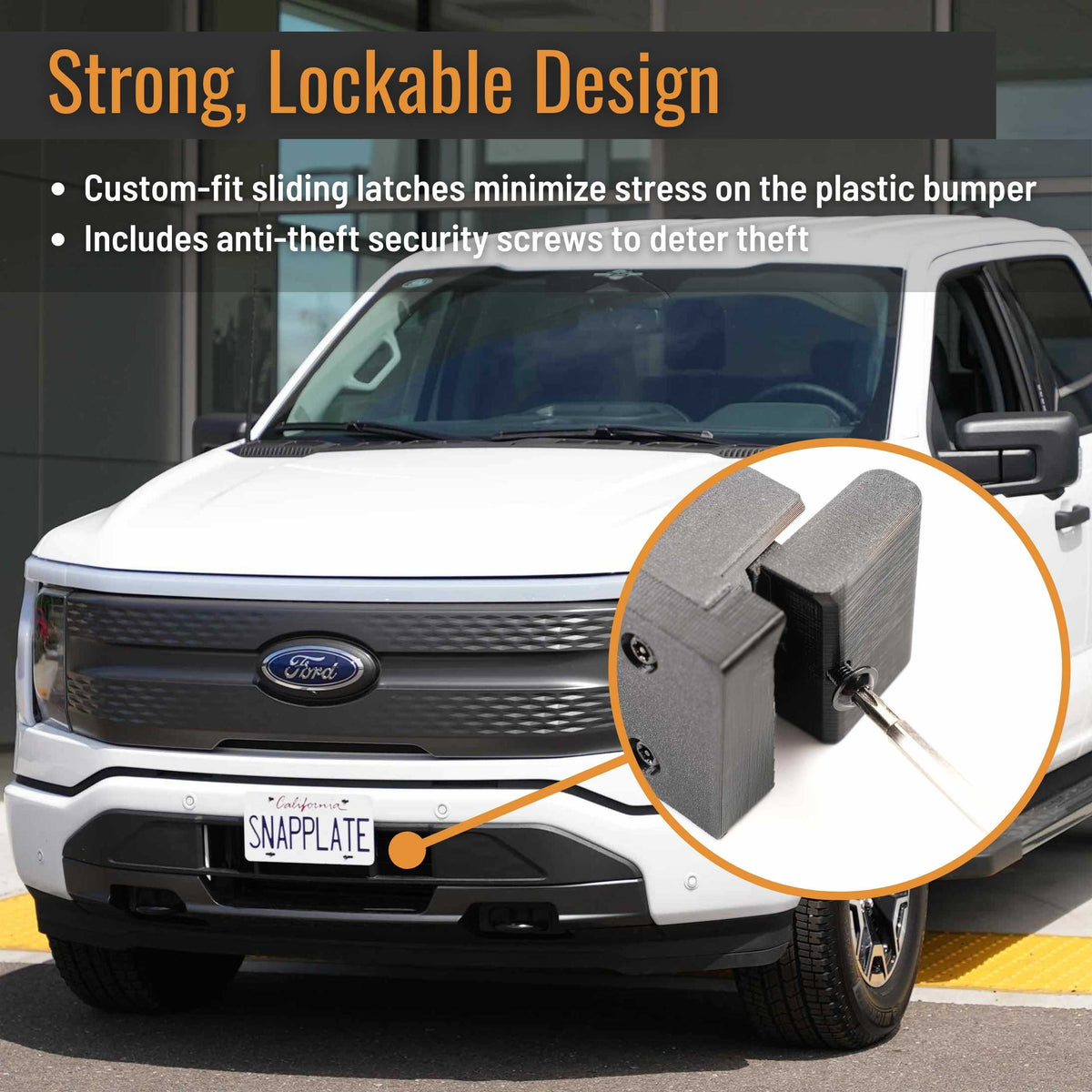 SnapPlate for Ford F-150 Lightning EV has a strong, lockable design with anti-theft security screws