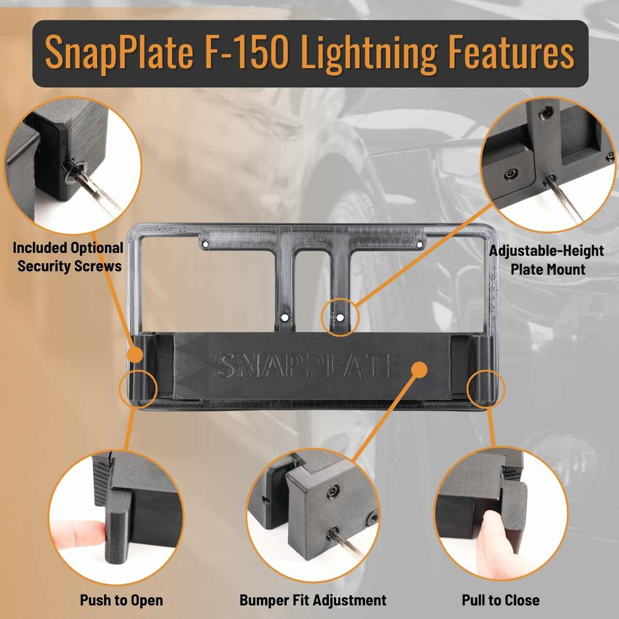 SnapPlate for Ford F-150 Lightning EV features anti-theft security screws, adjustable height, bumper fit adjustment, and easy push to open and push to close buttons