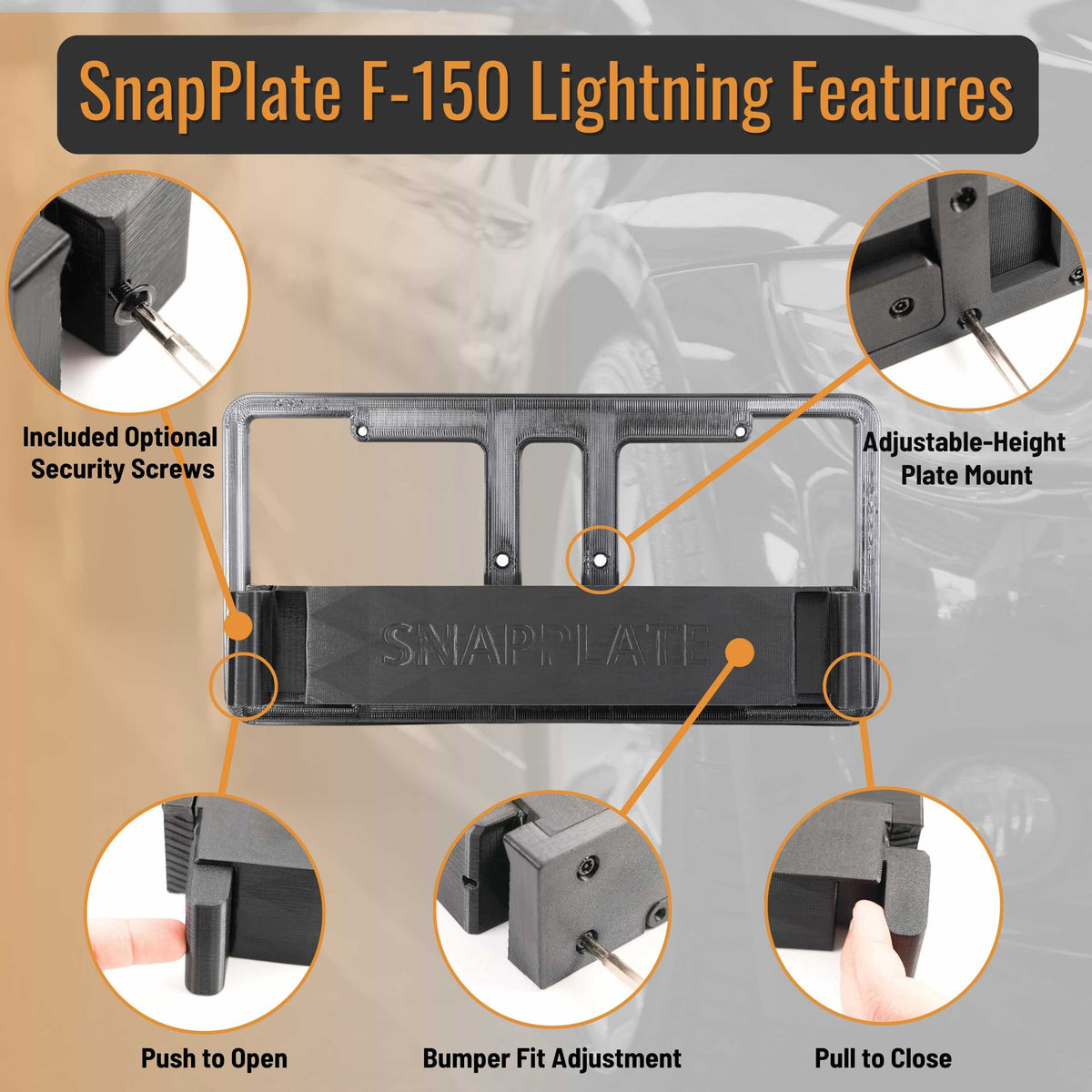 SnapPlate for Ford F-150 Lightning EV features anti-theft security screws, adjustable height, bumper fit adjustment, and easy push to open and push to close buttons