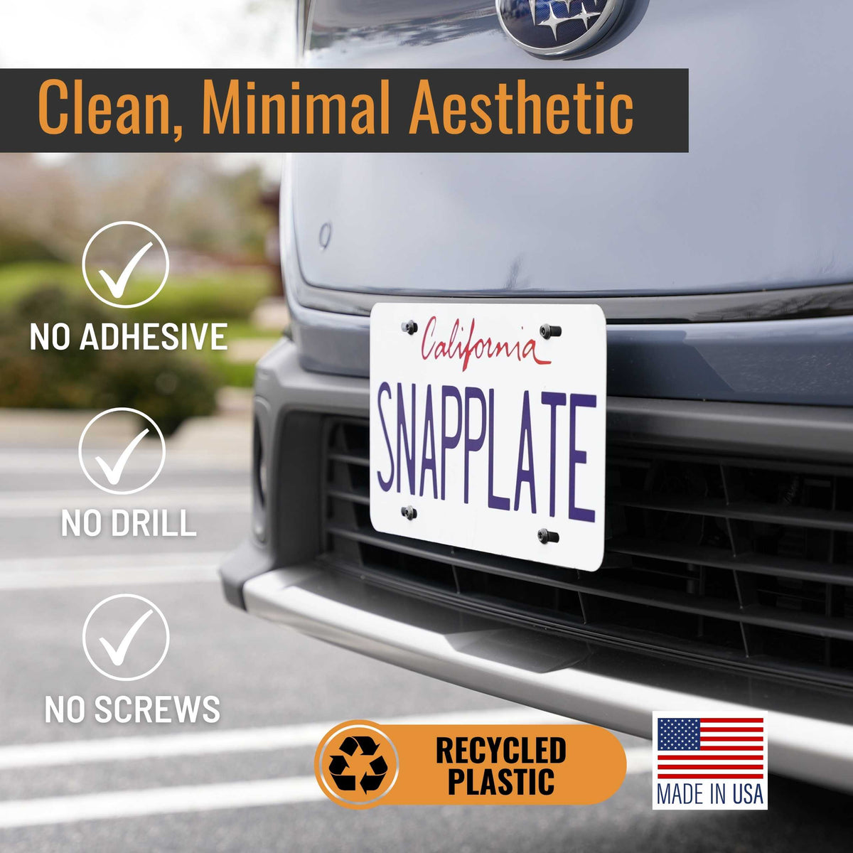 SnapPlate front license plate holders for the 2025-2023 Subaru Solterra have a clean, minimal aesthetic