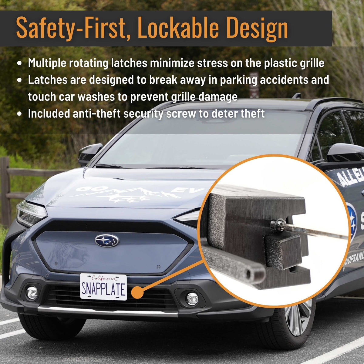SnapPlate front license plate holders for the 2025-2023 Subaru Solterra have a safety optimized, repairable design