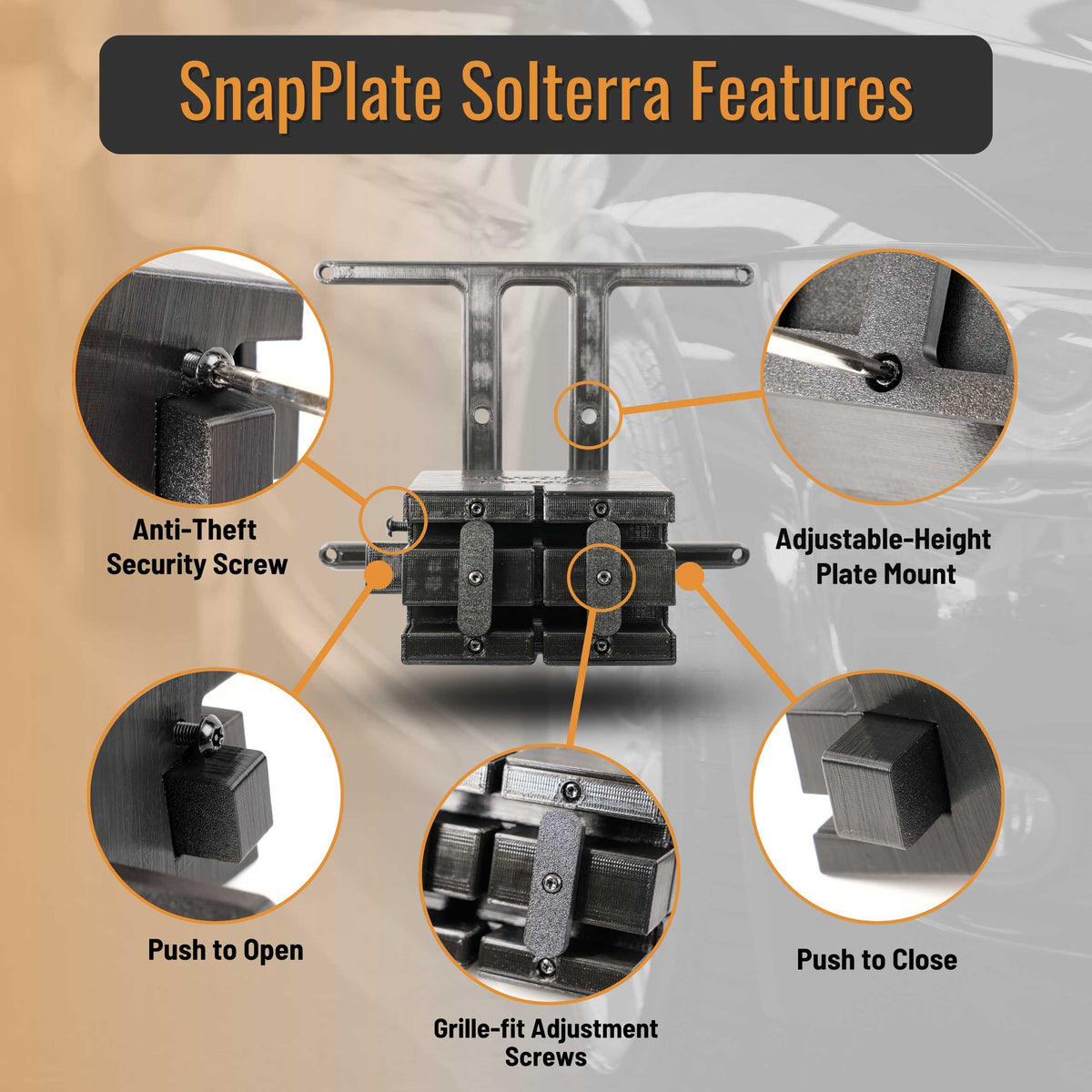 SnapPlate front license plate mounts for the 2025-2023 Subaru Solterra feature a simple pushbutton design with adjustable plate height and grille fit and an optional security screw