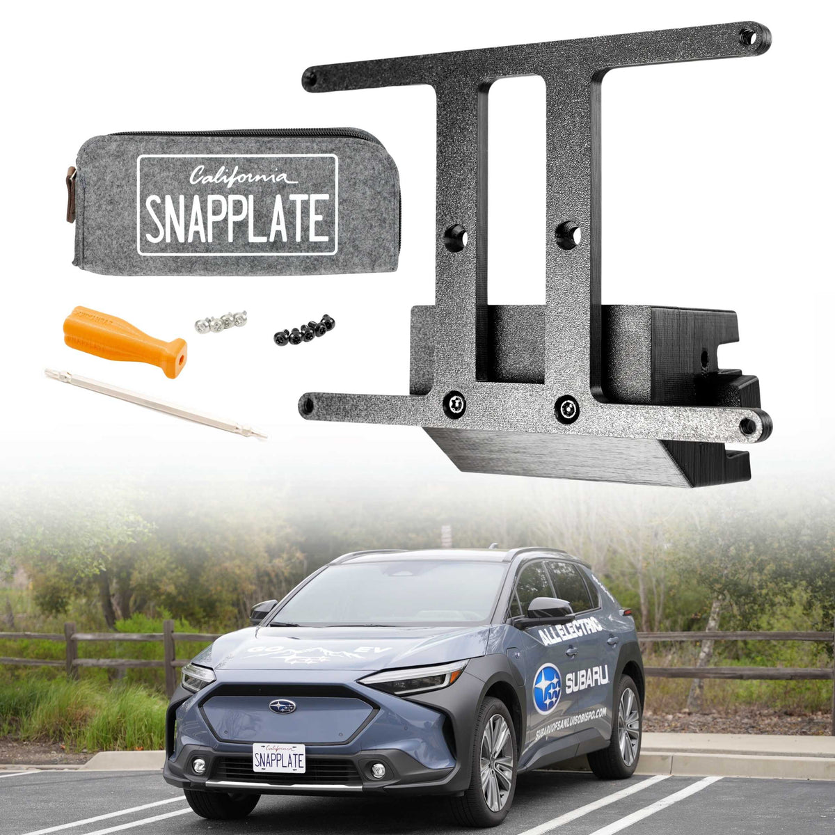 SnapPlate front license plate mount kits for the 2025-2023 Subaru Solterra include a hardware kit with four black and four silver T25 torx security screws and a T25 screwdriver