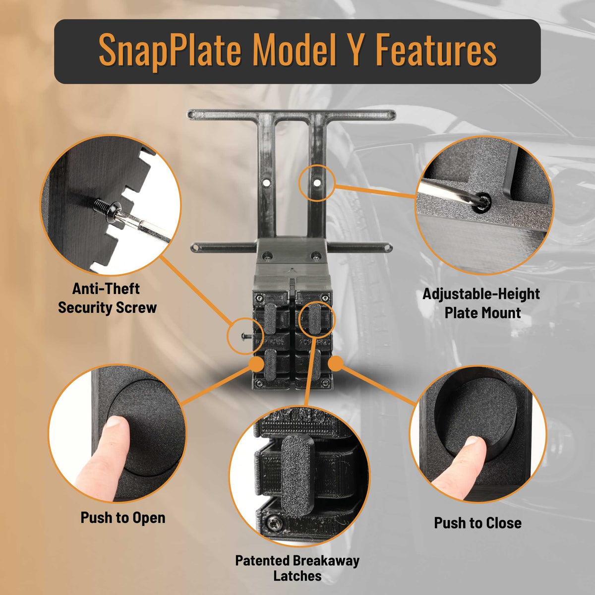 SnapPlate front license plate mounts for the 2020 and up Tesla Model Y feature a simple pushbutton design with adjustable plate height, breakaway features, and an optional security screw