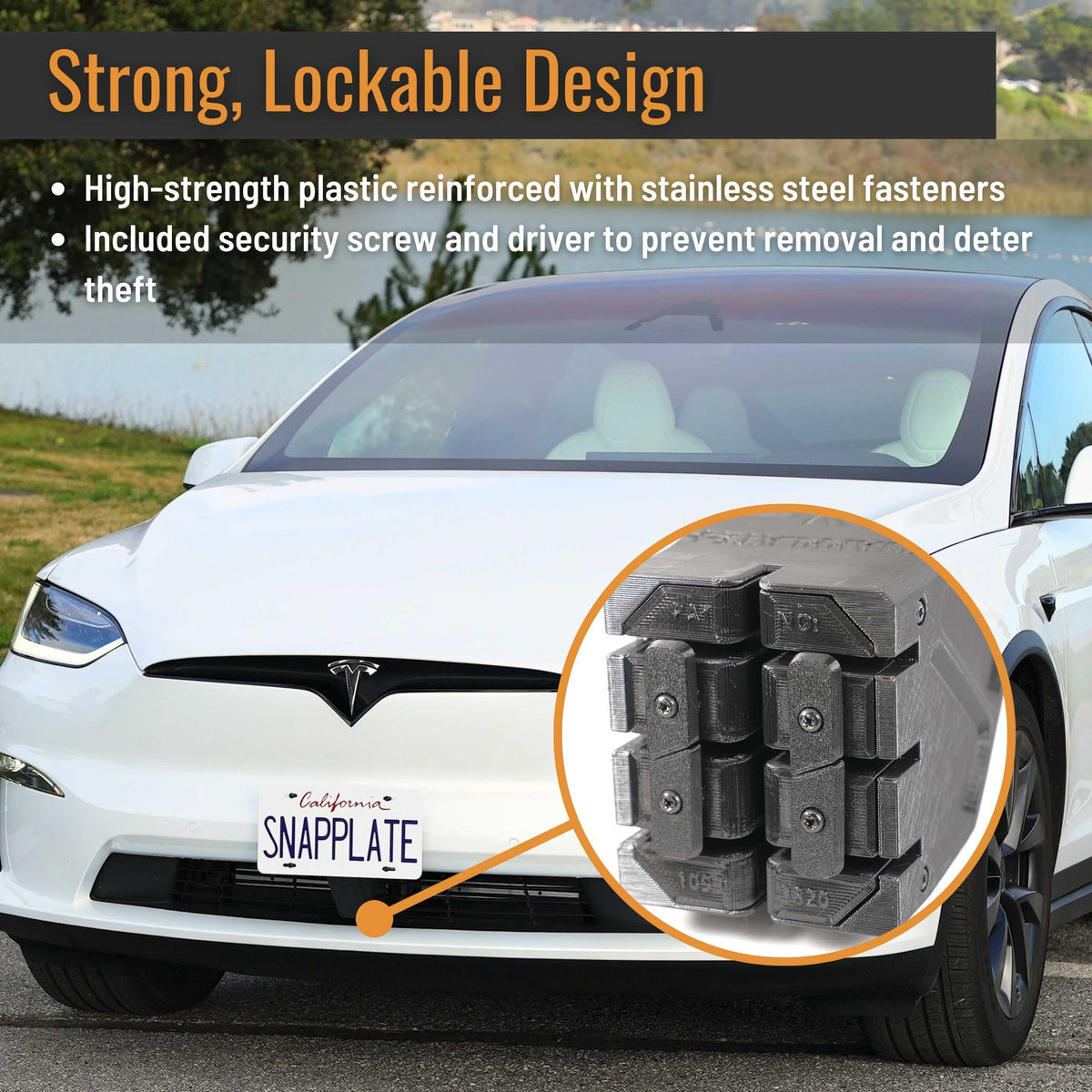 SnapPlate plus front license plate holders for the 2025-Oct 2021 Tesla Model X have a strength optimized design with stainless steel reinforcement