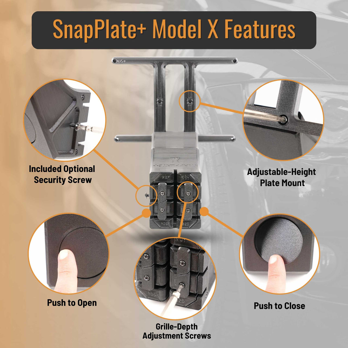 SnapPlate plus front license plate mounts for the 2025-Oct 2021 Tesla Model X feature a simple pushbutton design with adjustable plate height and grille fit and an optional security screw
