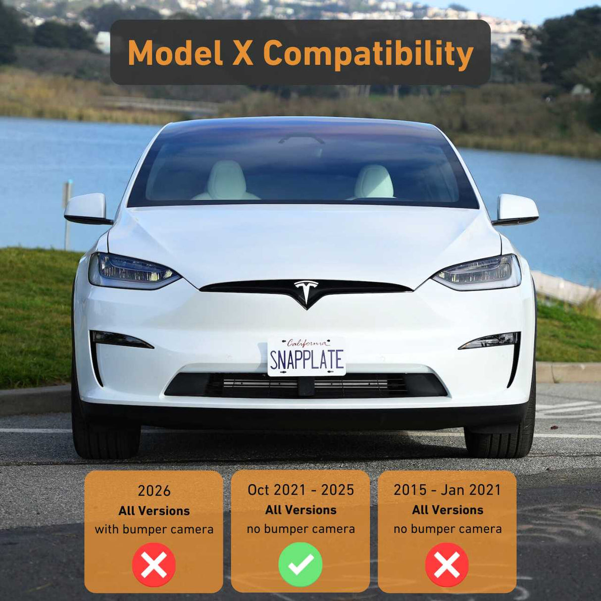 Front view of a white Tesla Model X with a chart below showing SnapPlate compatibility by year and camera option—a must-have EveryAmp Tesla Model X SnapPlate Front License Plate Holder for secure front license plate mounting.