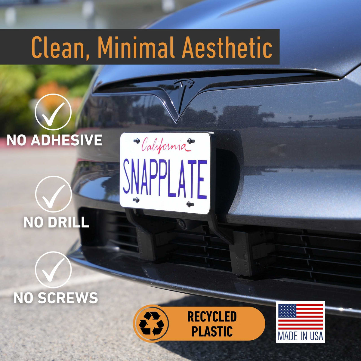 Front view of a car with the EveryAmp Tesla Model S SnapPlate Front License Plate Holder—no adhesive, no drill, no screws. Made in the USA from recycled plastic.