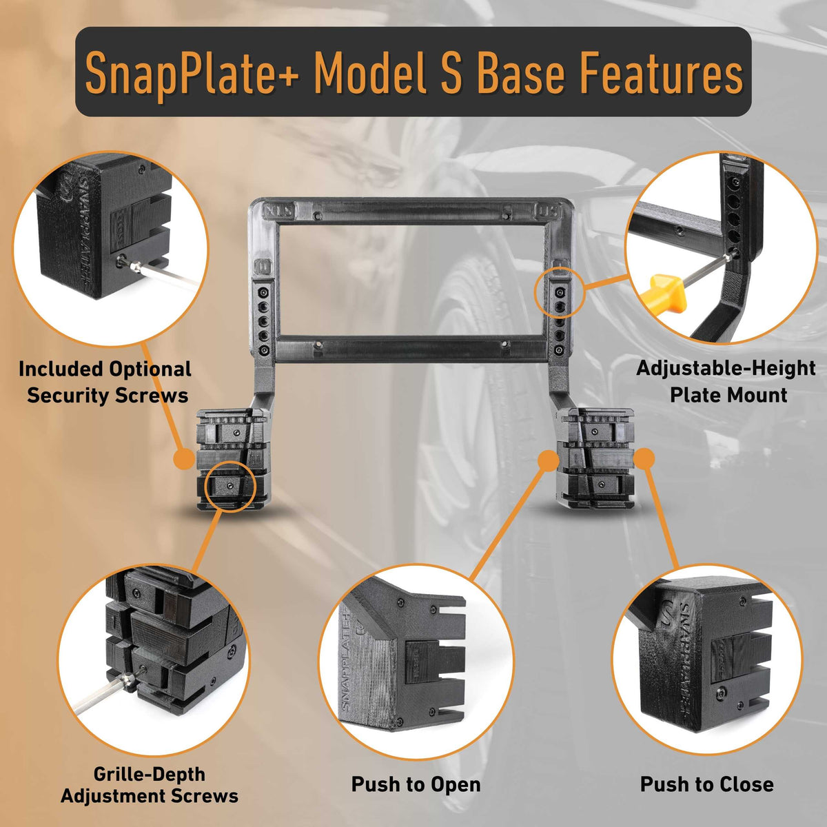 EveryAmp’s Tesla Model S SnapPlate Front License Plate Holder is shown with labeled features—security screws, grille-depth adjustment, push-to-open/close, and adjustable-height plate mount—displayed on a Tesla in the background.