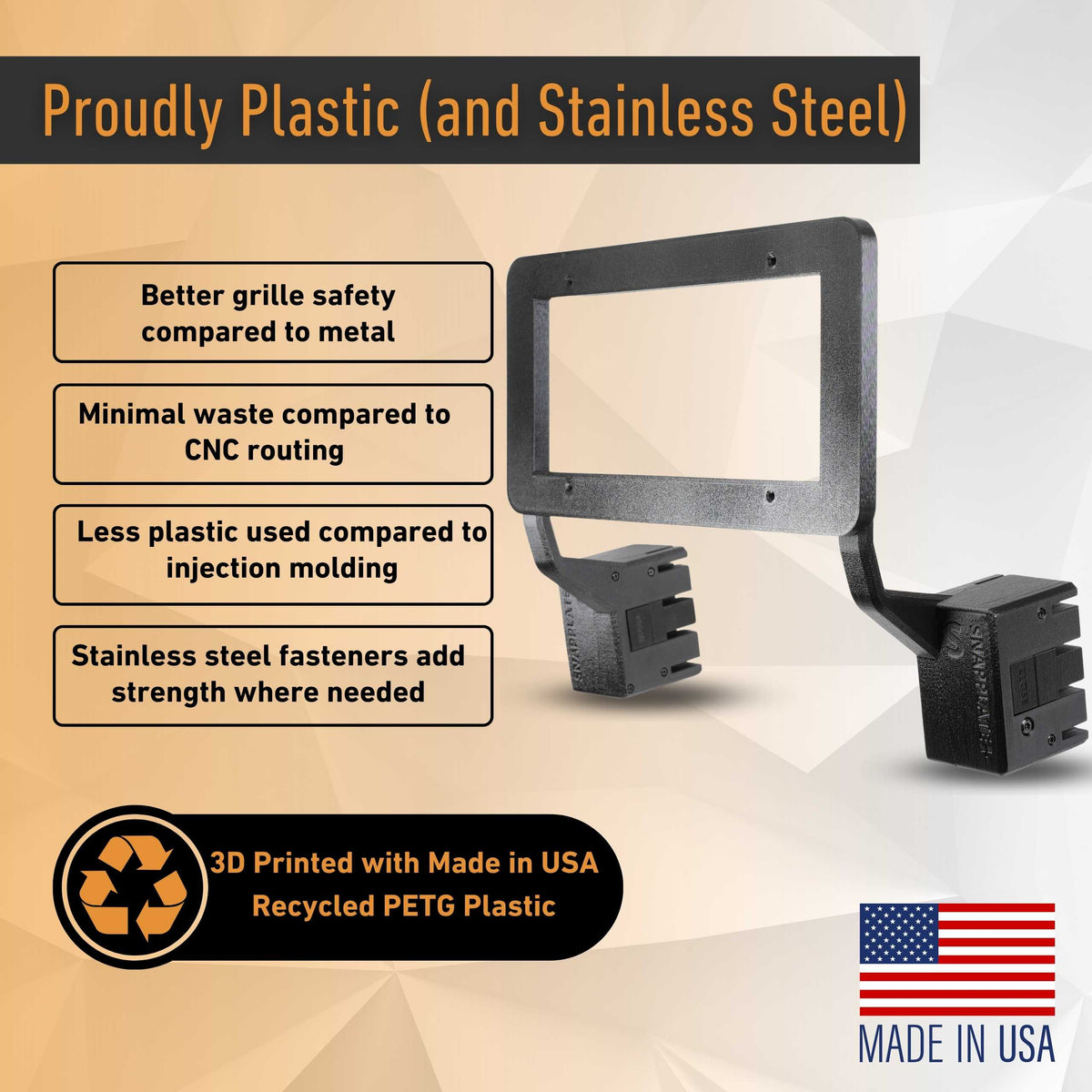 EveryAmp Tesla Model S SnapPlate Front License Plate Holder in black 3D-printed recycled PETG and stainless steel offers a safe, efficient, low-waste USA-made custom fit solution for your Model S.