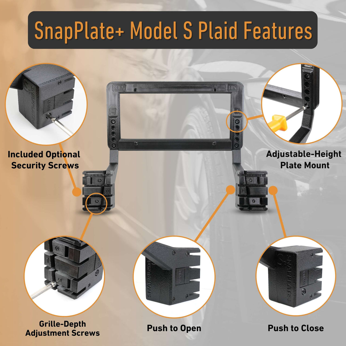 Diagram illustrating the features of the EveryAmp Tesla Model S SnapPlate Front License Plate Holder, including a removable license plate bracket, security screws, grille-depth adjustment, push-to-open/close mechanisms, and an adjustable-height front license plate mount, with labeled close-up images.
