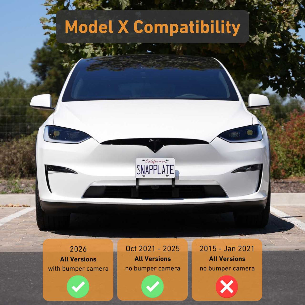 Front view of a white Tesla Model X with an EveryAmp Tesla Model X SnapPlate Front License Plate Holder; a compatibility chart for model years appears at the bottom.