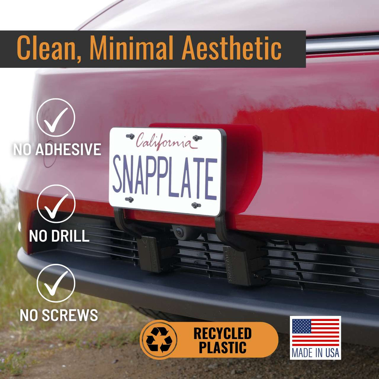 EveryAmps Tesla Model Y SnapPlate Front License Plate Holder mounts to a red car showing SNAPPLATE. This accessory needs no adhesive, drilling, or screws, offers a clean look, and is made from recycled plastic.