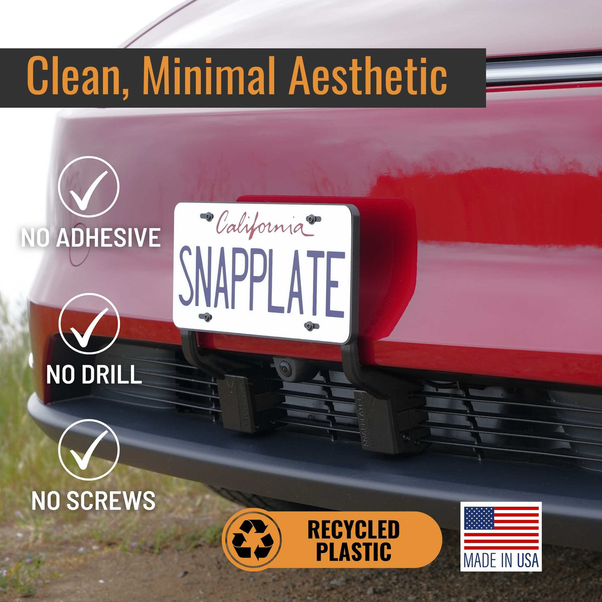 EveryAmps Tesla Model Y SnapPlate Front License Plate Holder mounts to a red car showing SNAPPLATE. This accessory needs no adhesive, drilling, or screws, offers a clean look, and is made from recycled plastic.