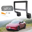 A red Tesla Model Y features the EveryAmp SnapPlate Front License Plate Holder, made of 3D printed PETG. Installation tools and an accessory pouch are displayed above the car, set on an outdoor road backdrop.