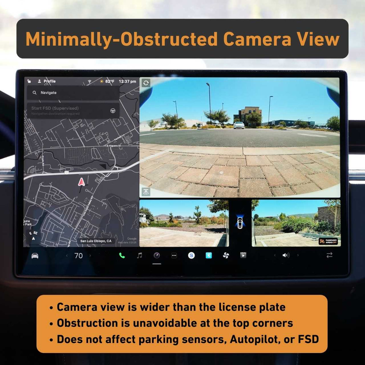 The dashboard shows navigation and front camera view, highlighting that the EveryAmp Tesla Model X SnapPlate Front License Plate Holder causes minimal obstruction, so parking sensors, Autopilot, and FSD features remain fully functional.