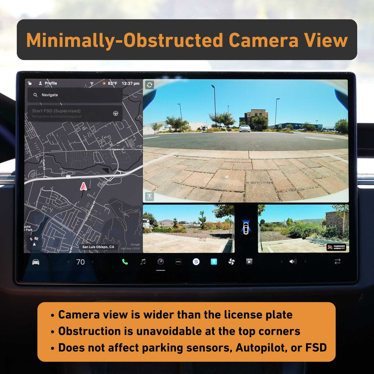 The dashboard shows navigation and front camera view, highlighting that the EveryAmp Tesla Model X SnapPlate Front License Plate Holder causes minimal obstruction, so parking sensors, Autopilot, and FSD features remain fully functional.