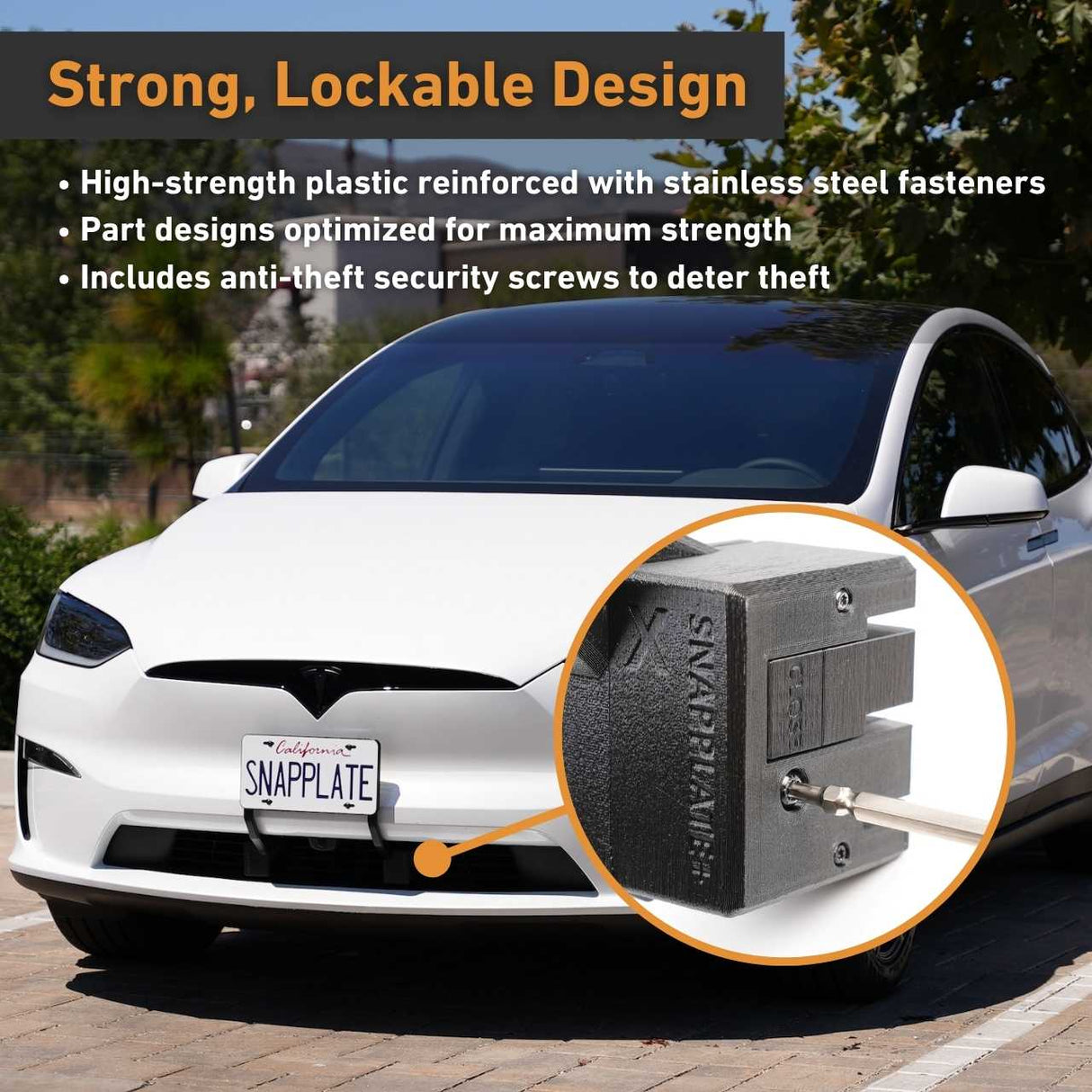 A white Tesla Model X with an EveryAmp SnapPlate Front License Plate Holder; inset shows the lockable, 3D-printed, recycled PETG bracket with an anti-theft security screw being installed.
