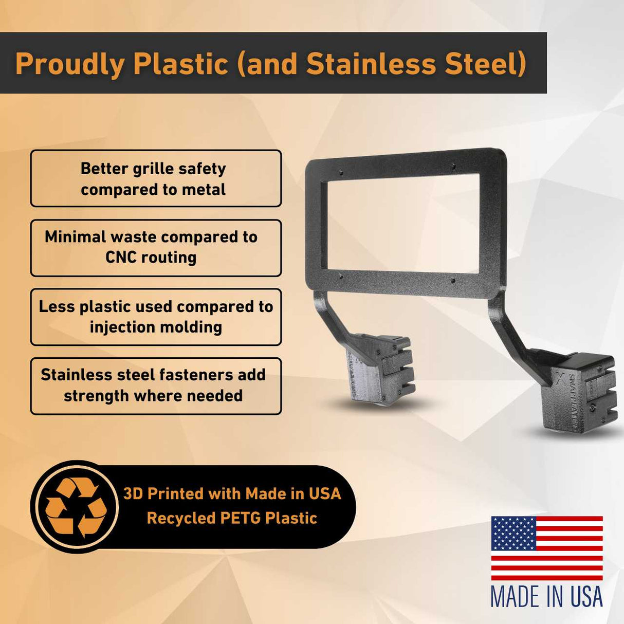 The EveryAmp Tesla Model X SnapPlate Front License Plate Holder, made in the USA from recycled PETG plastic and stainless steel, is shown with highlights on safety, reduced waste, 3D printing, and eco-friendly materials.