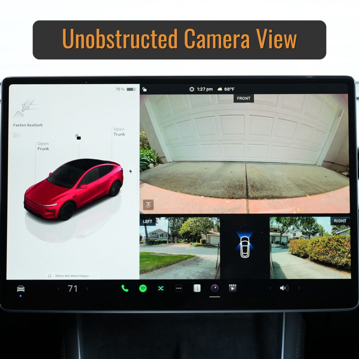 A Tesla Model Y dashboard shows parking assist with camera views and alerts, making it easy to check your EveryAmp SnapPlate Front License Plate Holder.