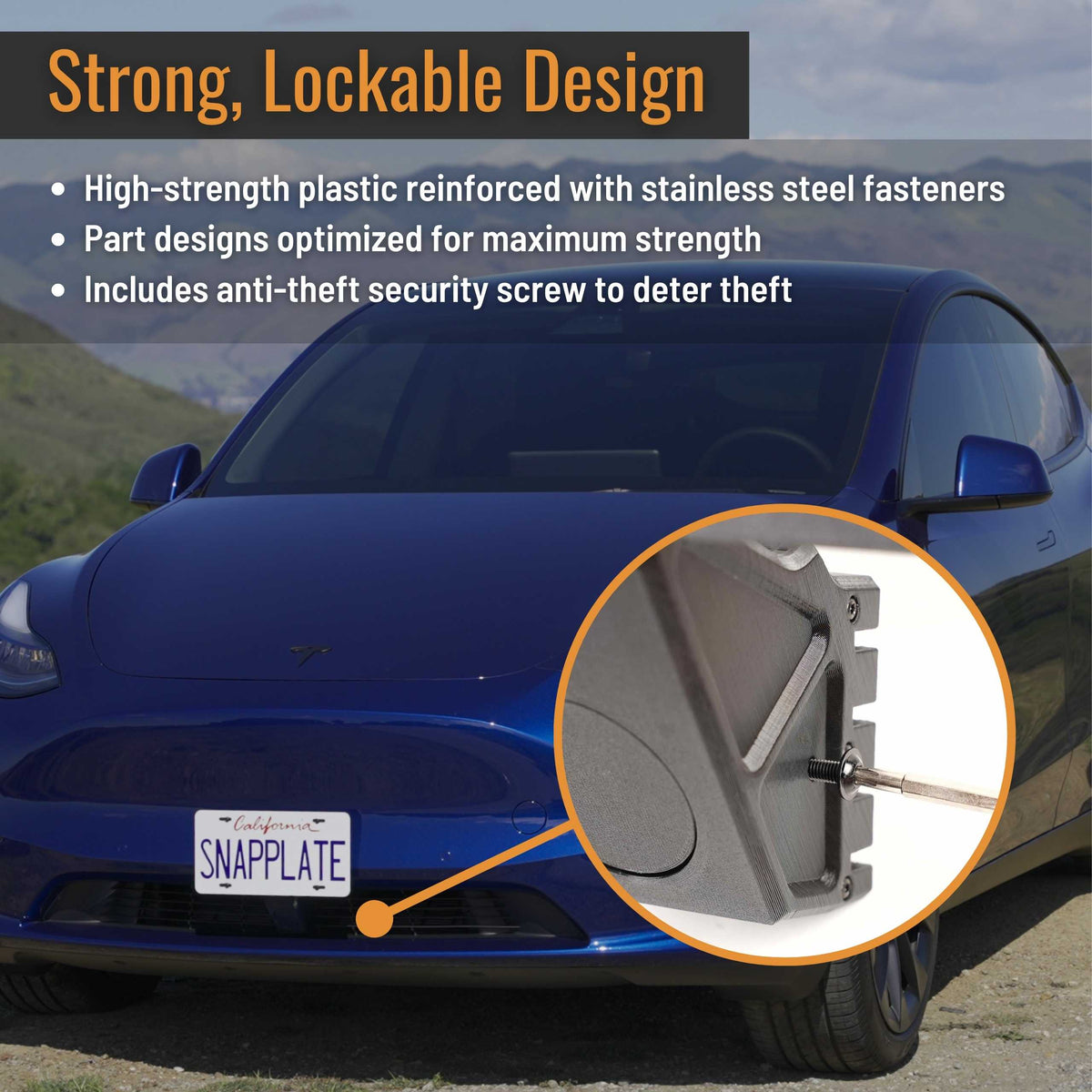 SnapPlate plus front license plate holders for the 2025-2020 Tesla Model Y have a strength optimized design with stainless steel reinforcement